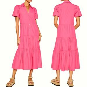 BROCHU WALKER Havana Dress M Hot Pink Tiered Midi Shirtdress Puff Sleeve